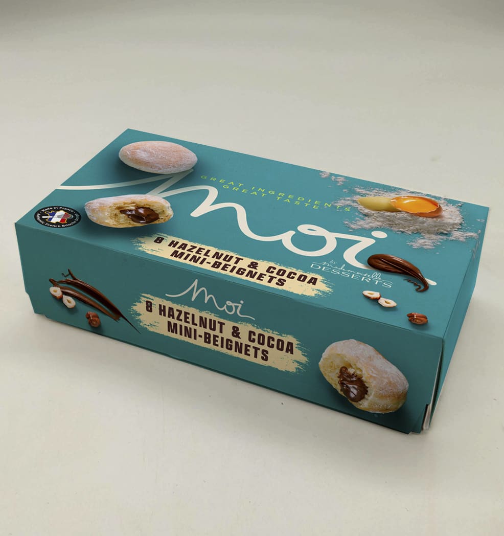 Moi Mini Beignet hazelnut and cocoa packaging